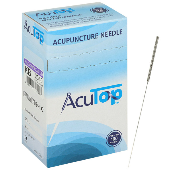 Akupunkturnadeln AcuTop Typ KB, Stahlwendelgriff, silikonisiert, ohne Führrohr