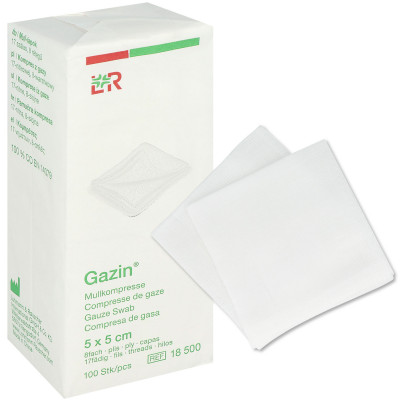 Gazin Mullkompressen unsteril, ohne Röntgenkontraststreifen im Papierbeutel 10 x 10 cm - 100 St. 8-fach - 17-fädig